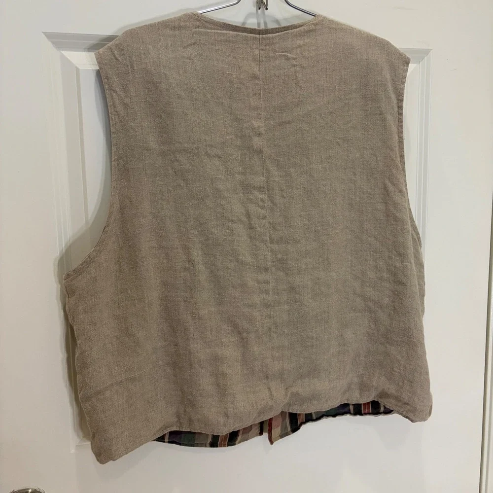 Mens Vintage Reversible Plaid and Tan Linen Blend Button Front Vest Large